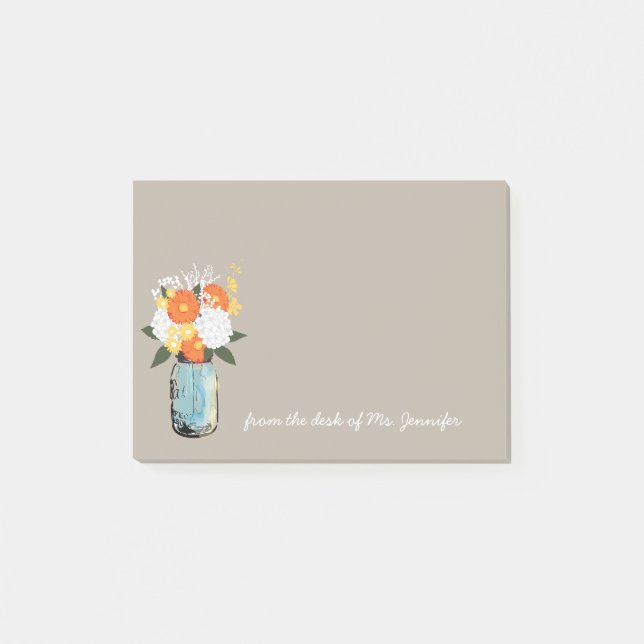 Bloco De Notas Blue Mason Jar White Hydrangeas Orange Daisies (Frente)