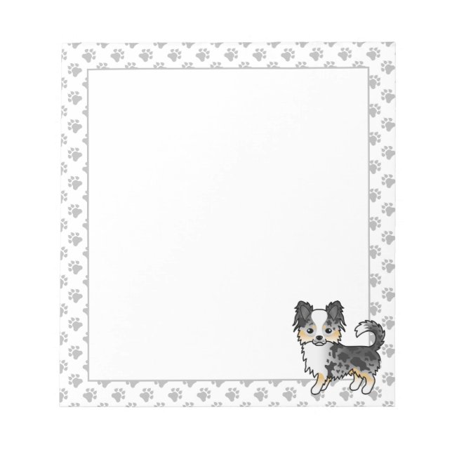 Bloco De Notas Blue Merle Long Coat Chihuahua Cartoon Dog & Paws (Frente)
