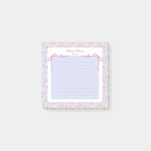 Bloco De Notas Blue Pink Floral Coquette Bow Custom Name (Frente)