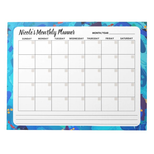 Bloco De Notas Blue Sprinkle Abstract Monthly Calendar Notepad  (Frente)