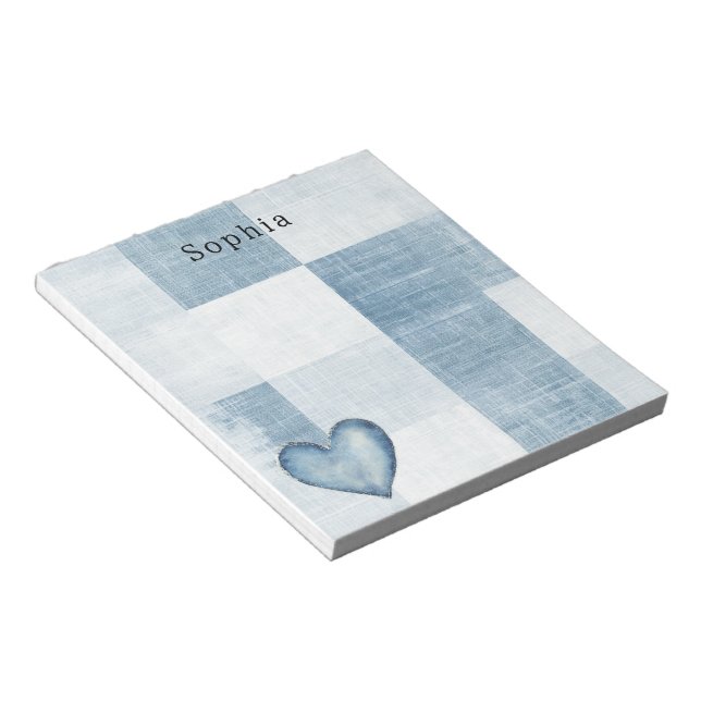 Bloco De Notas Blue White Denim Jean Heart Personalization Name (Inclinado)