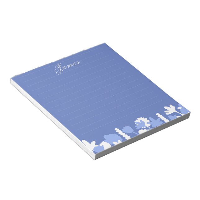 Bloco De Notas Blue White Minimal Floral Personalized Notepad (Inclinado)