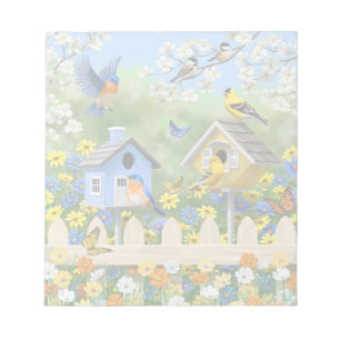 Bloco De Notas Bluebird Goldfinches Birdhouses Fllower Garden