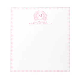 Bloco De Notas Blush Pink Gingham Floral Crest Monogram