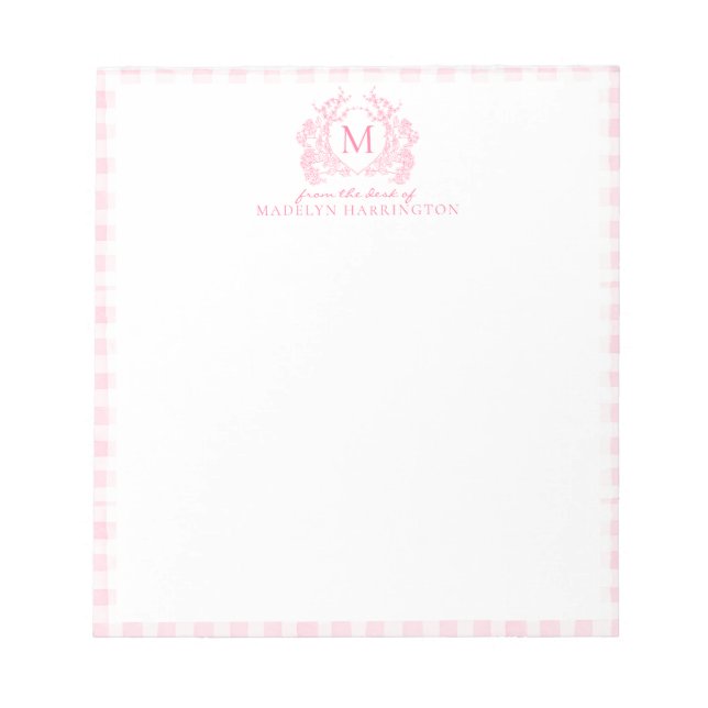 Bloco De Notas Blush Pink Gingham Floral Crest Monogram (Frente)