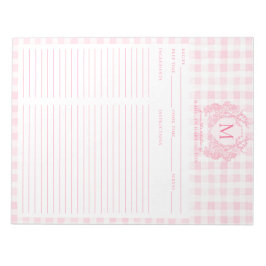 Bloco De Notas Blush Pink Gingham Floral Crest Monogram Recipe
