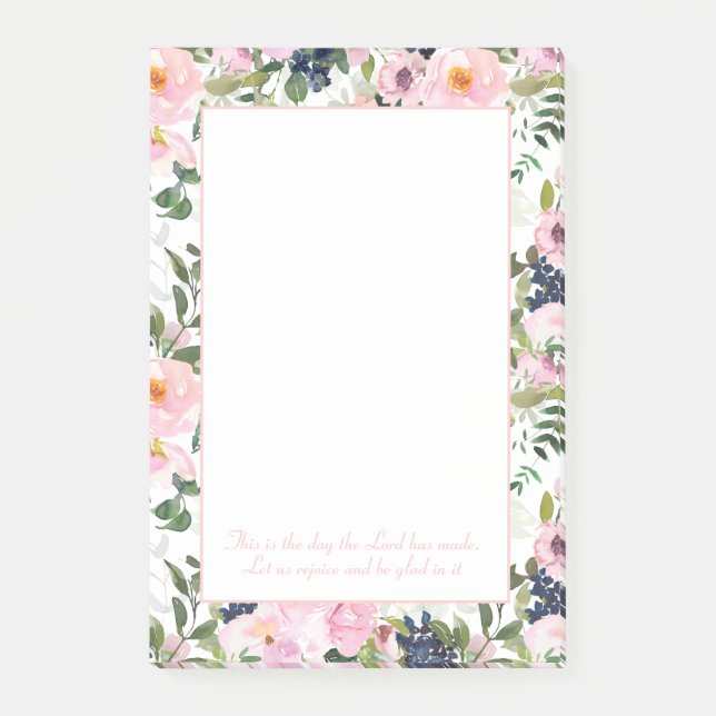 Bloco De Notas Blush Rosa Azul Marinho Floral Versículo Bíblico C (Frente)