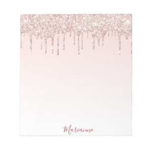 Bloco De Notas Blush rosa dourado com gotejamento de glitter nome