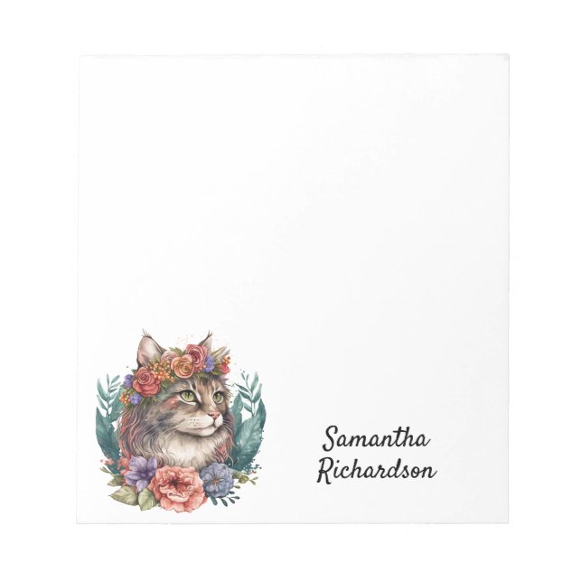 Bloco De Notas Boho Cat Personalizado Watercolor (Frente)