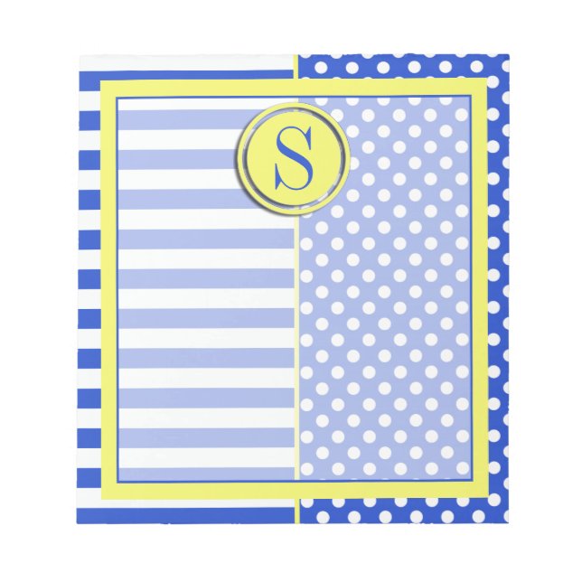 Bloco De Notas Bolinhas azuis reais e Stripes-Monograma (Frente)