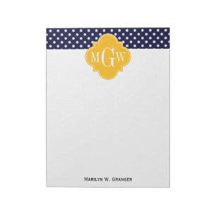 Bloco De Notas Bolinhas marinho Quatrefoil Goldenrod 3 Monograma