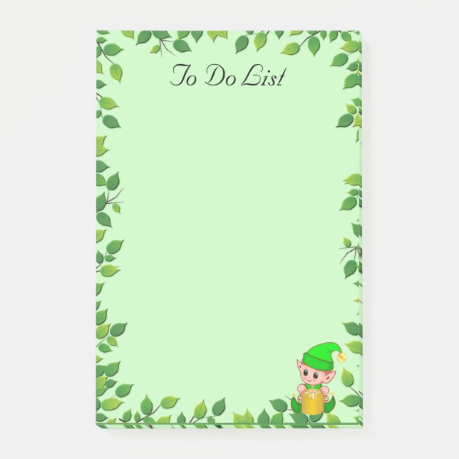 Bloco De Notas Bonito Elfo Bebê e Folha Verde em Verde Claro (Frente)