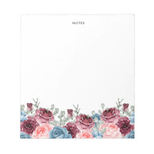 Bloco De Notas Bonito Watercolor Burgundy e Flores Azuis