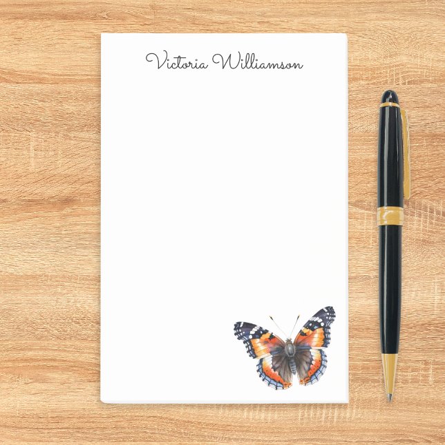 Bloco De Notas Borboleta Almirante Vermelho Aquarela Personalizad (A set of sticky notes with watercolor-effect butterfly and custom name in elegant script typography)