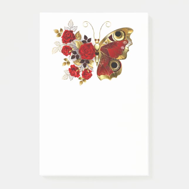 Bloco De Notas Borboleta de flor vermelha com rosas vermelhas (Frente)