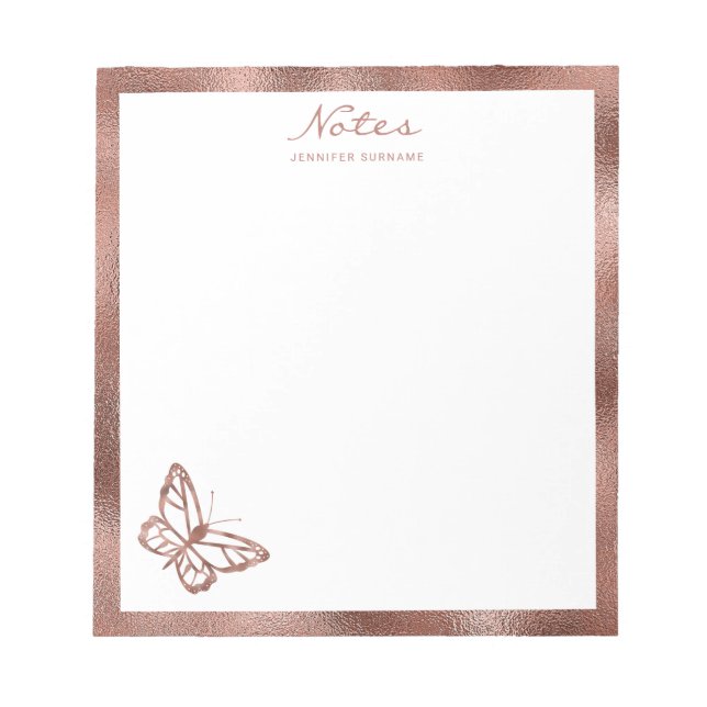Bloco De Notas Borboleta de Folha Rosa Gold Faux e Texto Personal (Frente)
