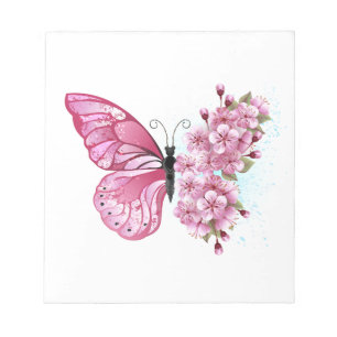 Bloco De Notas Borboleta Flor com Sakura Rosa