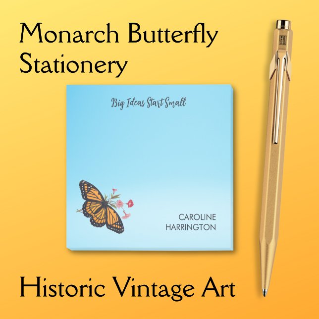 Bloco De Notas Borboleta Monarca Inspiracional Céu Pessoal Azul (This sky blue Post-it notepad features  crisp typography alongside a Victorian monarch butterfly.)