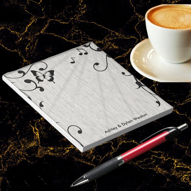 Bloco De Notas Borboleta Musical Deixa Cinzas E Casamento De Made (Music Butterfly Leaves Gray & Black Wood Wedding Notepad)