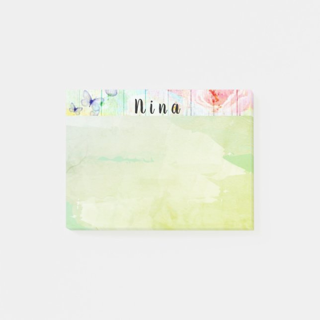 Bloco De Notas Borboletas e Rosas chiques sobre madeira russa (Frente)