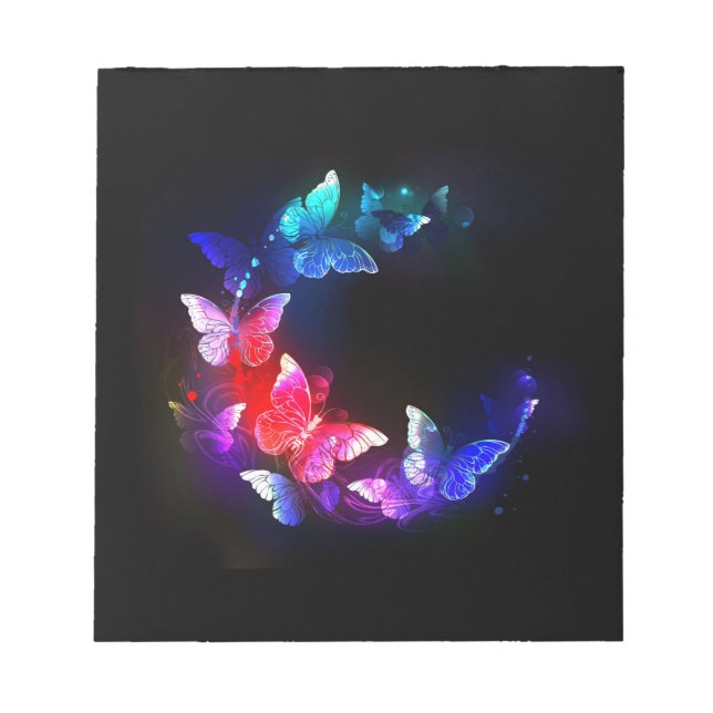Bloco De Notas Borboletas Neon Night brilhantes sobre fundo preto (Frente)