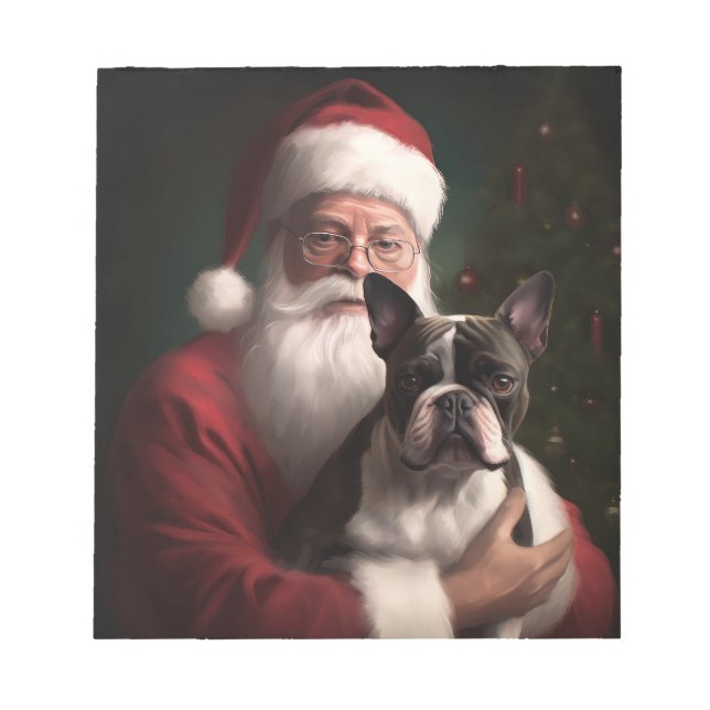 Bloco De Notas Boston Terrier com Papai Noel Natal Festivo (Frente)