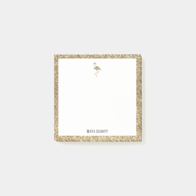 Bloco De Notas Branco + Brilhante Dourada Flamingo & Borda, Nome (Frente)