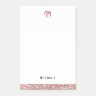 Bloco De Notas Branco com Elephant & Border Glitter Dourado Rosa