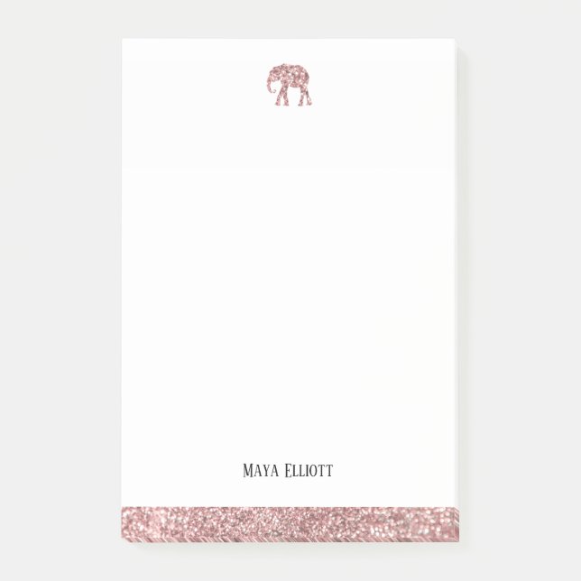Bloco De Notas Branco com Elephant & Border Glitter Dourado Rosa (Frente)