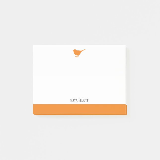 Bloco De Notas Branco com Pássaro Laranja Pequeno e Borda + Nome (Frente)