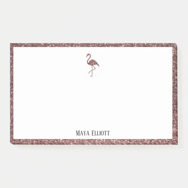 Bloco De Notas Branco + Glitter Rosa Dourado Flamingo & Borda com (Frente)