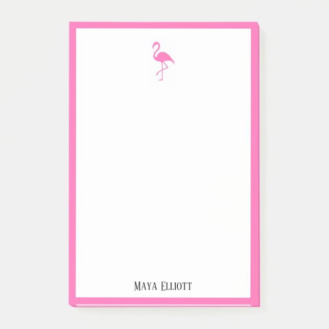 Bloco De Notas Branco no Flamingo Rosa Brilhante e Borda com Nome (Frente)