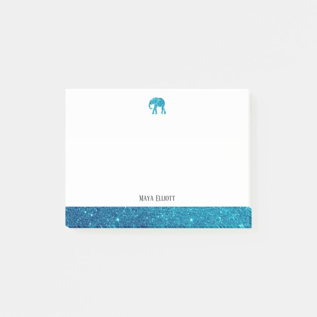 Bloco De Notas Branco sobre Teal Faux Glitter Elephant & Border,  (Frente)