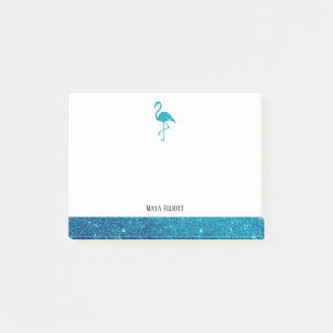 Bloco De Notas Branco sobre Teal Faux Glitter Flamingo & Border, 