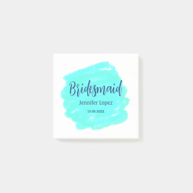 Bloco De Notas Bridesmaid azul verde aquarela adiciona nome data  (Frente)