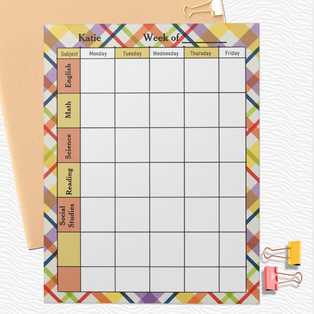 Bloco De Notas Bright School Plaid Homework Assignment (Criador carregado)