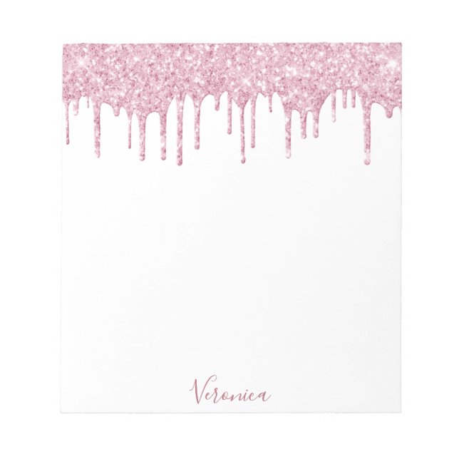 Bloco De Notas Brilho rosa glitter goteja nome branco (Frente)
