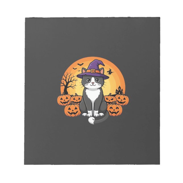 Bloco De Notas Bruxa de Halloween Gato Abóbora Lua Desenho_1 (Frente)
