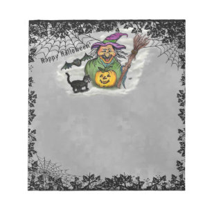 Bloco De Notas Bruxa, Gato, Bat e Pumpkin, Feliz Halloween!
