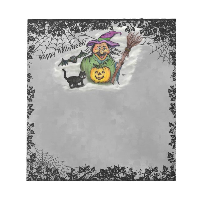 Bloco De Notas Bruxa, Gato, Bat e Pumpkin, Feliz Halloween! (Frente)
