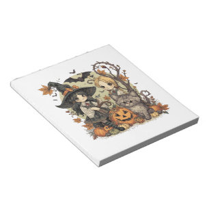 Bloco De Notas Bruxinhas Kawaii com Gatinho e Abóboras