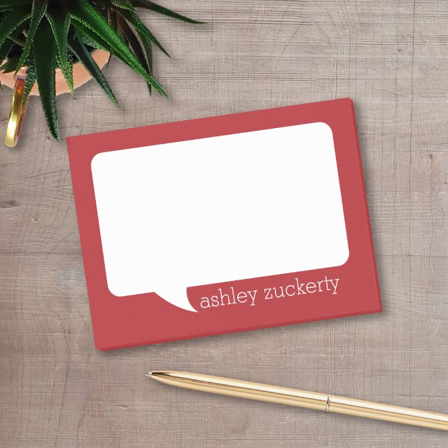 Bloco De Notas Bubble Red and White Talk Nome Personalizado (A fun talk bubble design for a personalized post-it notepad. Add your name for a fun office gift.)