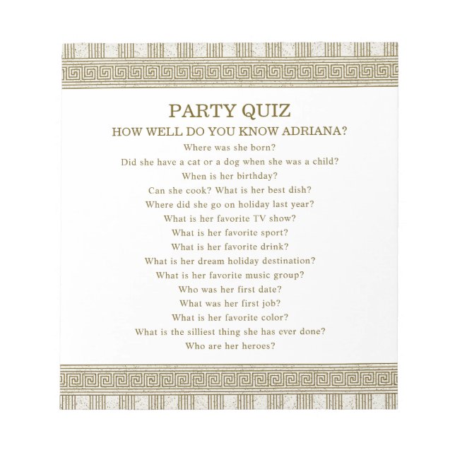 Bloco De Notas Budget Toga Party Quiz (Frente)