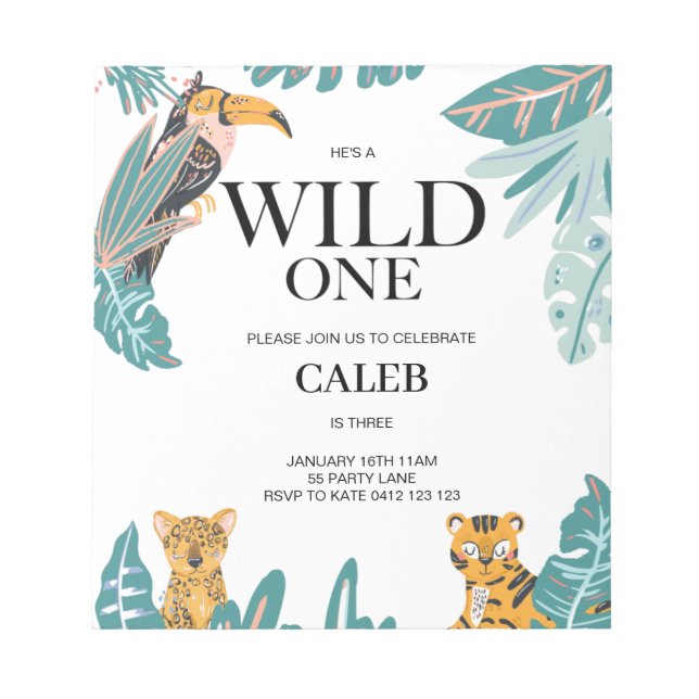 Bloco De Notas BUDGET Wild One Cute Jungle Theme Primeiro Convite (Frente)