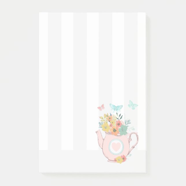 Bloco De Notas Bule de Chá Rosa com Flores & Borboletas (Frente)