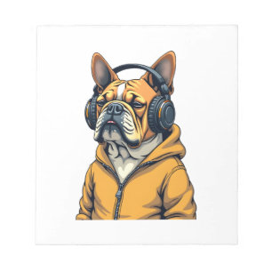 Bloco De Notas Bulldog Antigo de Headphones Vestindo Capuz Música
