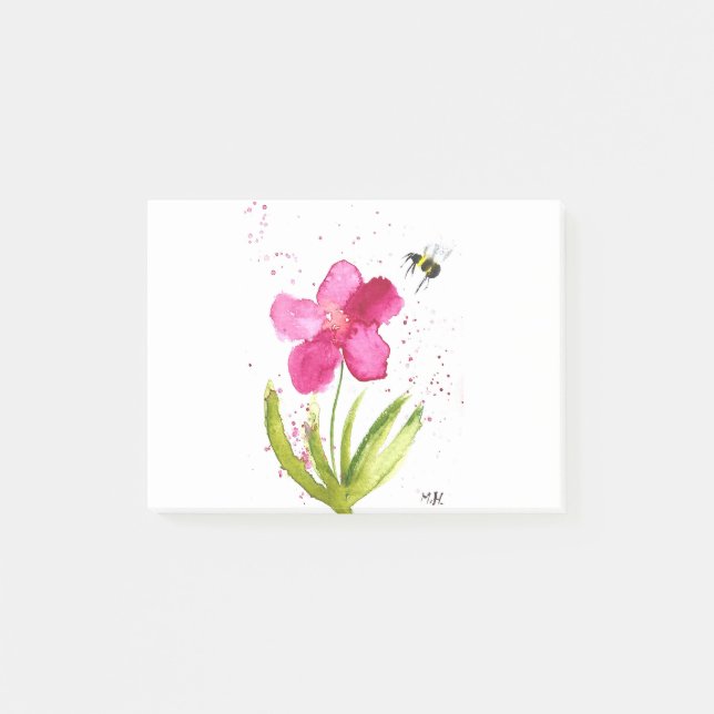Bloco De Notas Bumblebee de flor rosa com aquarela (Frente)