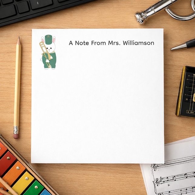 Bloco De Notas Bunny da Banda Marcial Trombone Verde Personalizar (A notepad with customizable text and a cute rabbit with a trombone.)