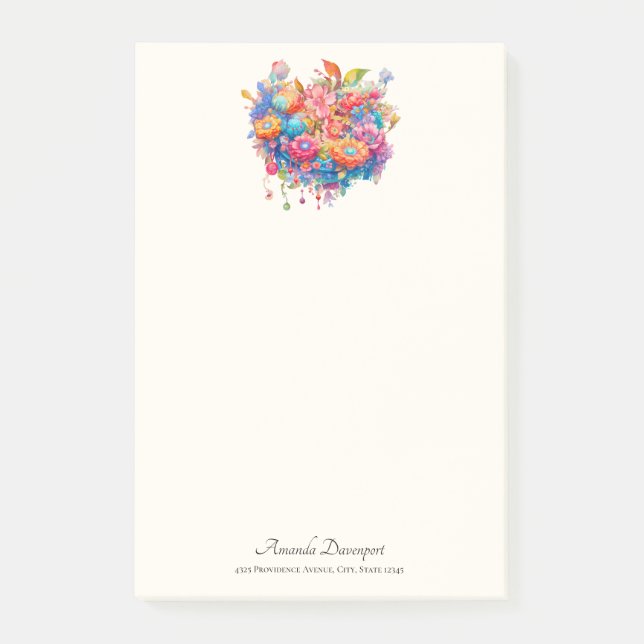 Bloco De Notas Buquê da Flor em Laranja Rosa e Boho Azul (Frente)