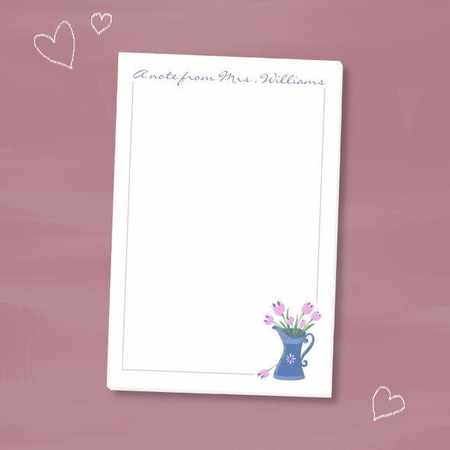 Bloco De Notas Buquê de Tulipas Rosa Notas Adhesivas para Profess (Pink tulips bouquet in a blue jug personalized sticky notes . )